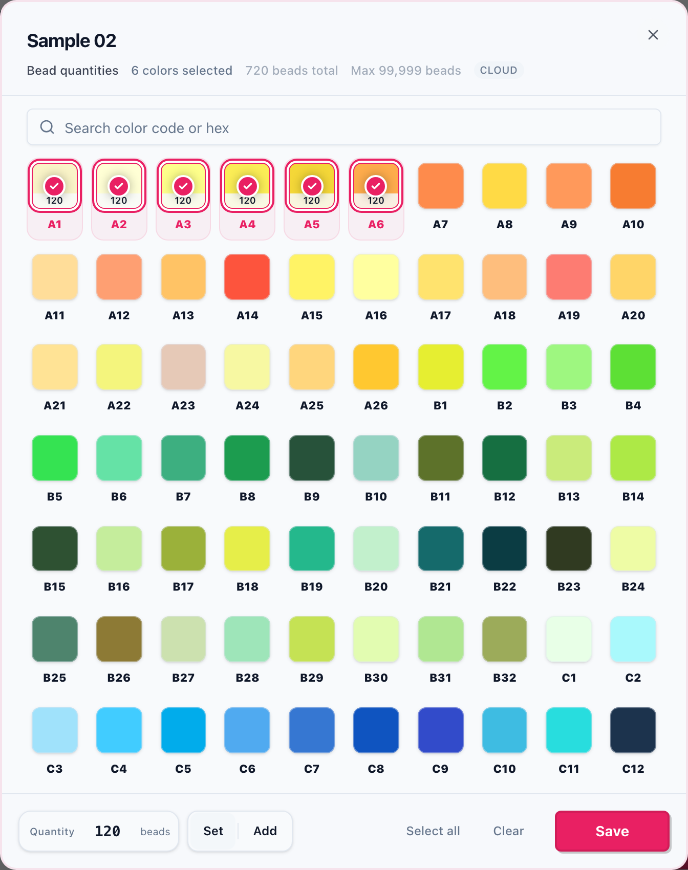 Per-color quantity panel with a swatch grid, count field, and Set and Add buttons